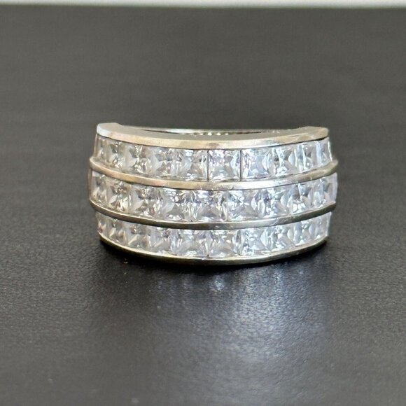 14K White Gold Three Row Clear CZ Wide Chunky Statement Band Ring Size 6.75 - Picture 10 of 12